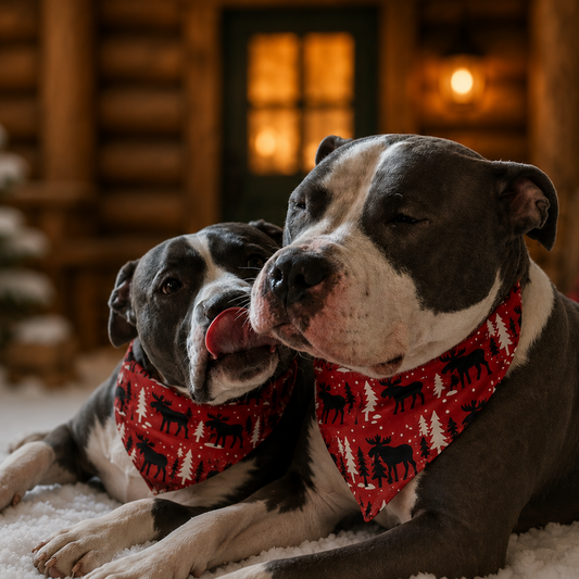 Two dogs wearing red bandanas in front of a wooden cabin with snow-covered trees.