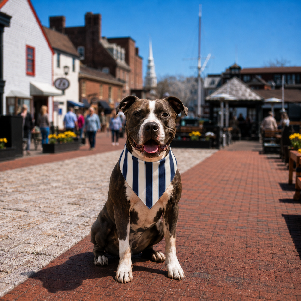 Dog wearing a striped bandana sitting on a brick pavement with a town square in the background