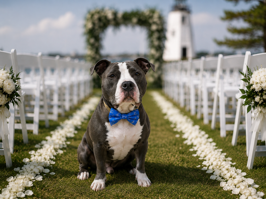 Dog wearing a blue bow tie sitting on a decorated wedding aisle with floral arrangements and chairs.
