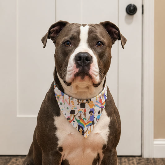 Dog sitting on a rug in a room with a door, lamp, and red curtain.