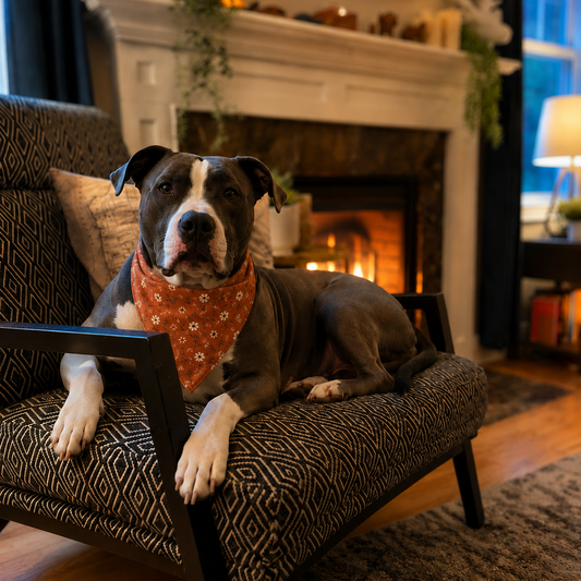 Dog wearing a bandana sitting on a patterned chair in a cozy living room with a fireplace.